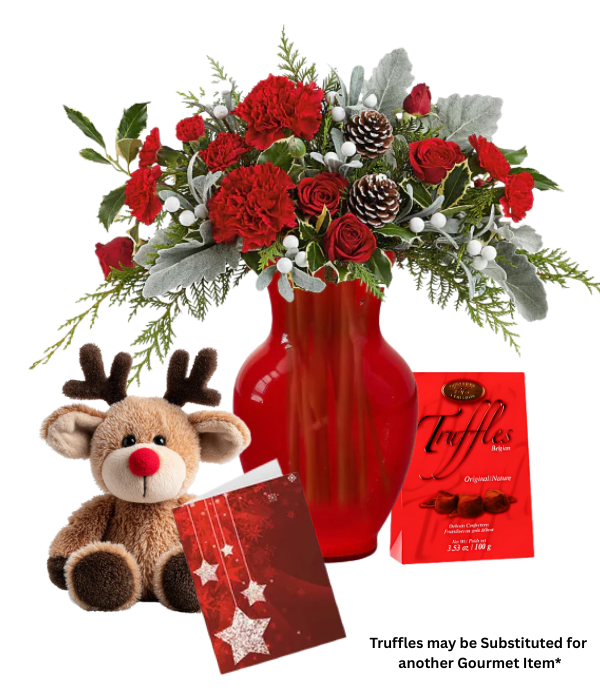 Christmas floral arrangement with reindeer and chocolates