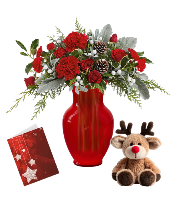 Christmas floral arrangement with reindeer and card