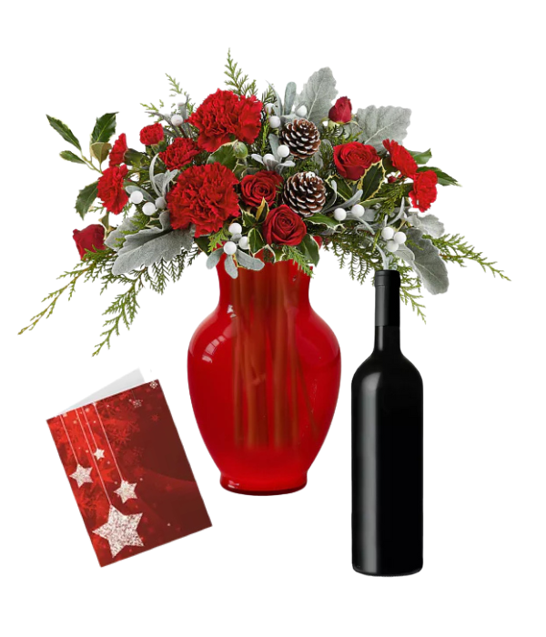 Christmas floral arrangement with wine and card