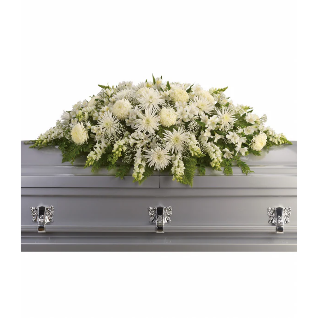 White floral casket spray Enduring Light