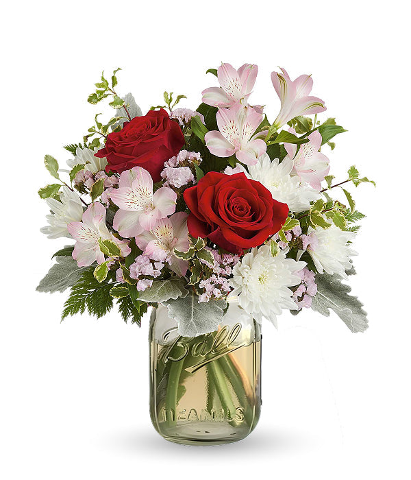 Red roses & mixed flowers in mason jar
