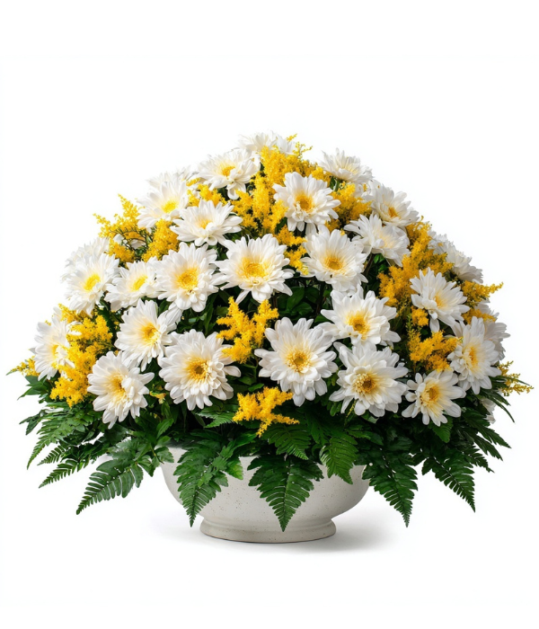 White and yellow daisy flower arrangement in a bowl.