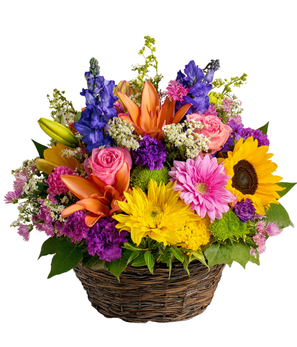 Summer flower basket with sunflowers and colorful blooms.