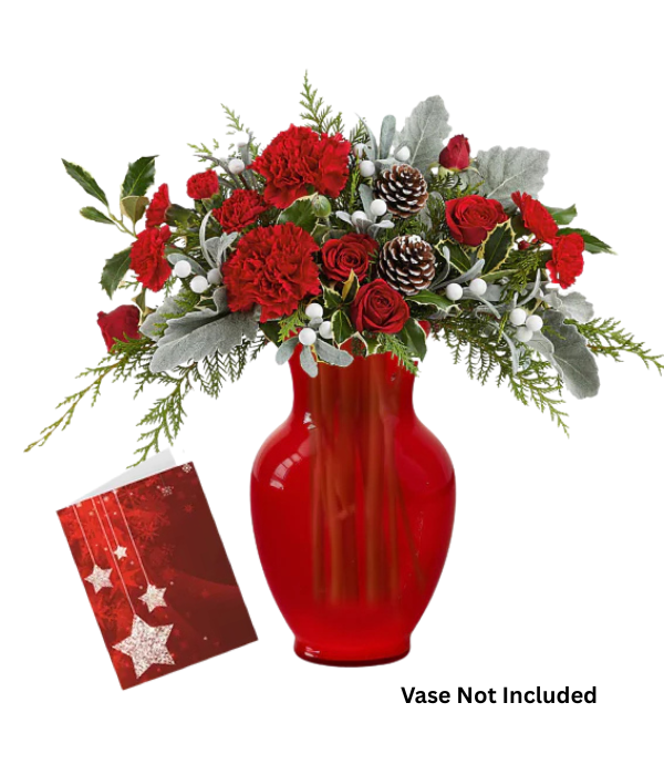 Christmas floral arrangement in red vase