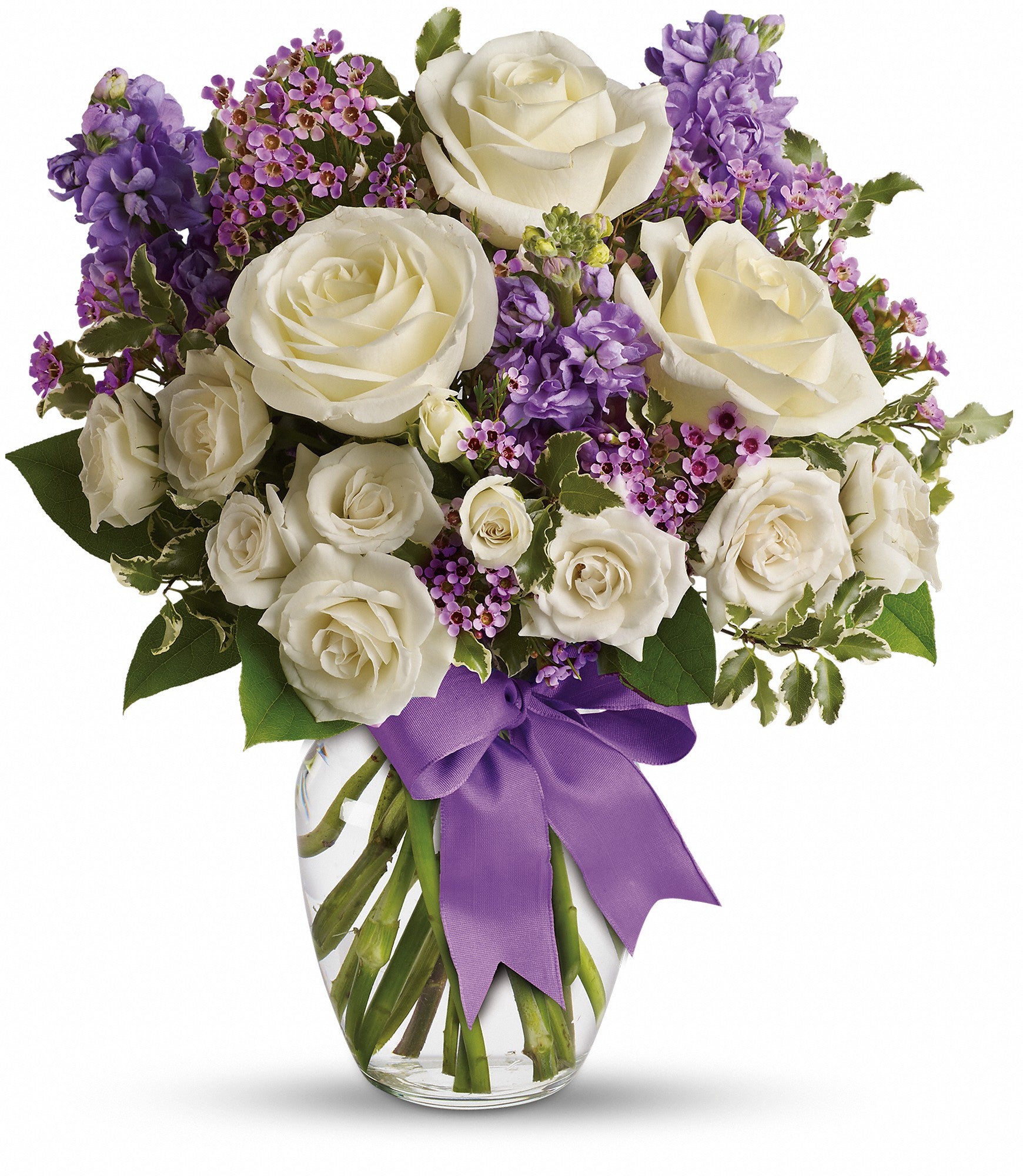 white and purple arrangement in a vase