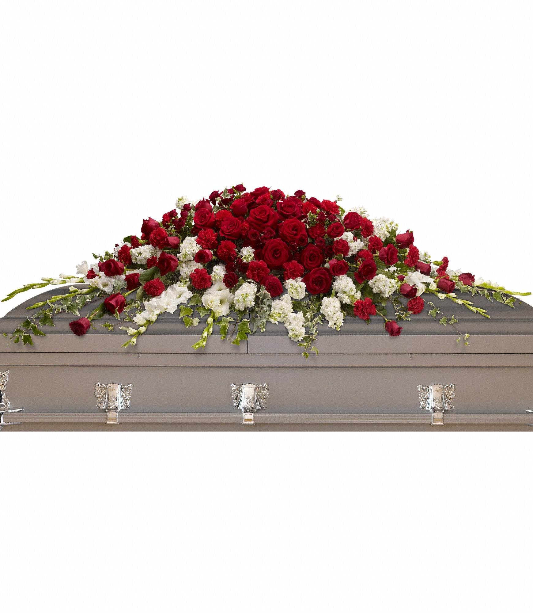 red and white flowers casket spray