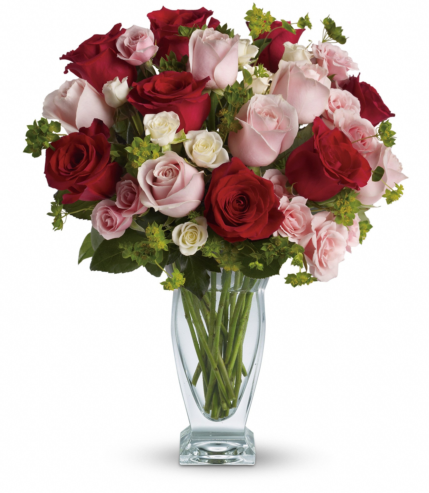 red pink and white roses in a vase