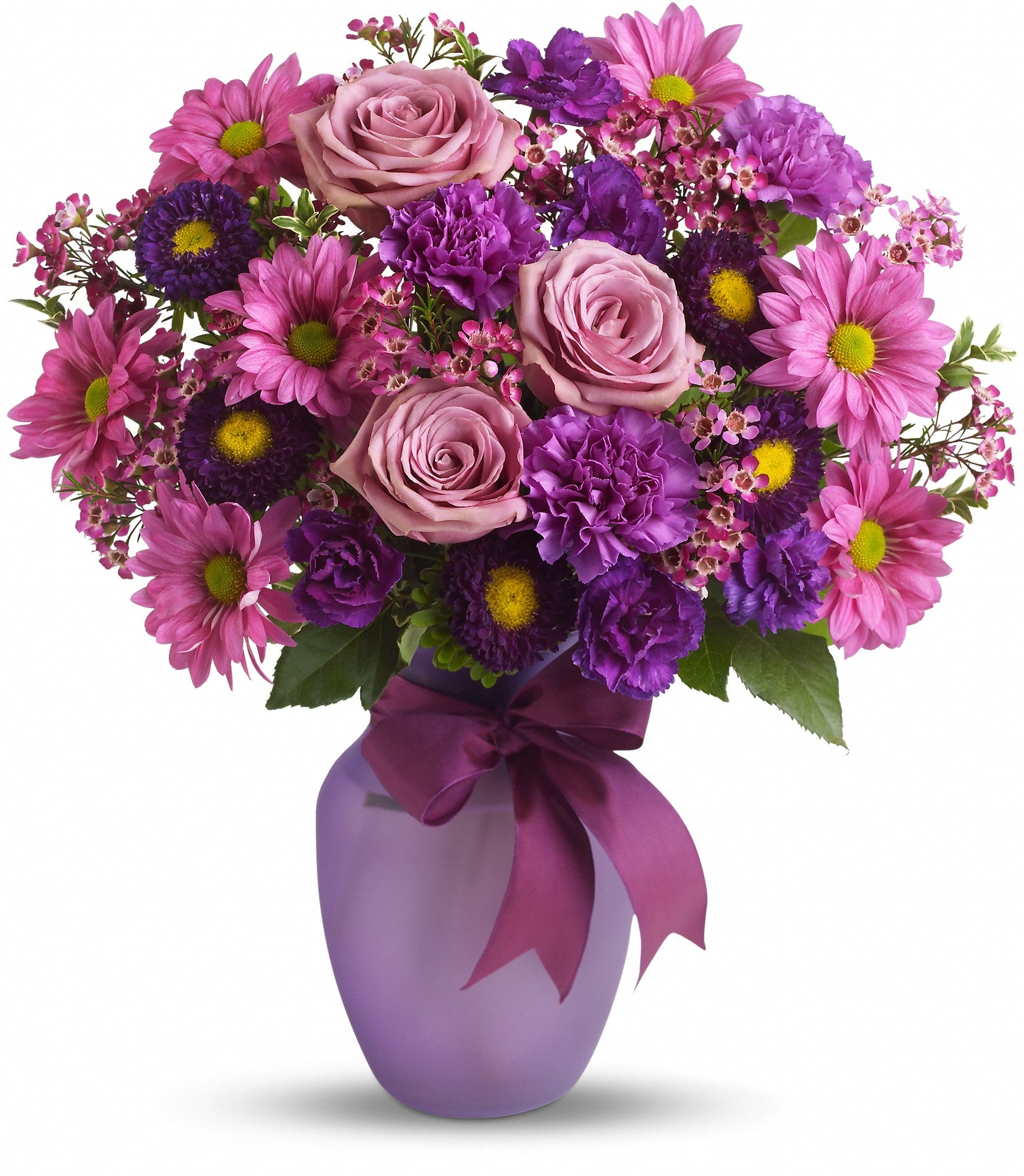 pink and purple flower arrangement in a vase